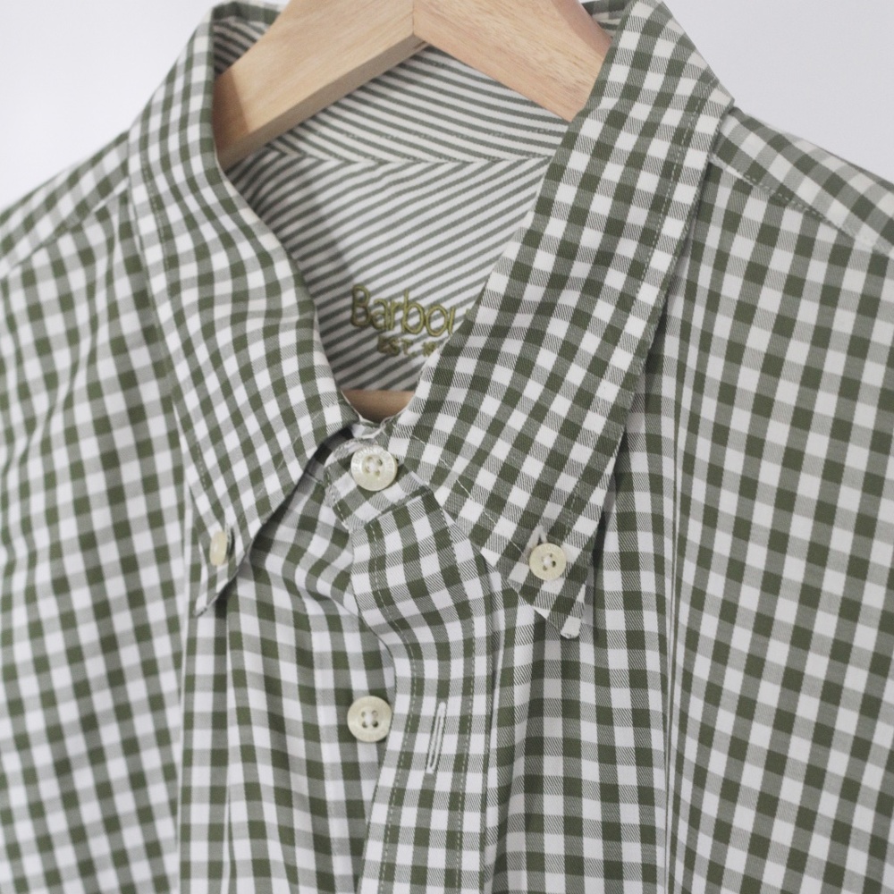 Barbour Men's Green & White Gingham Plaid Long-Sleeve Button Down Shirt